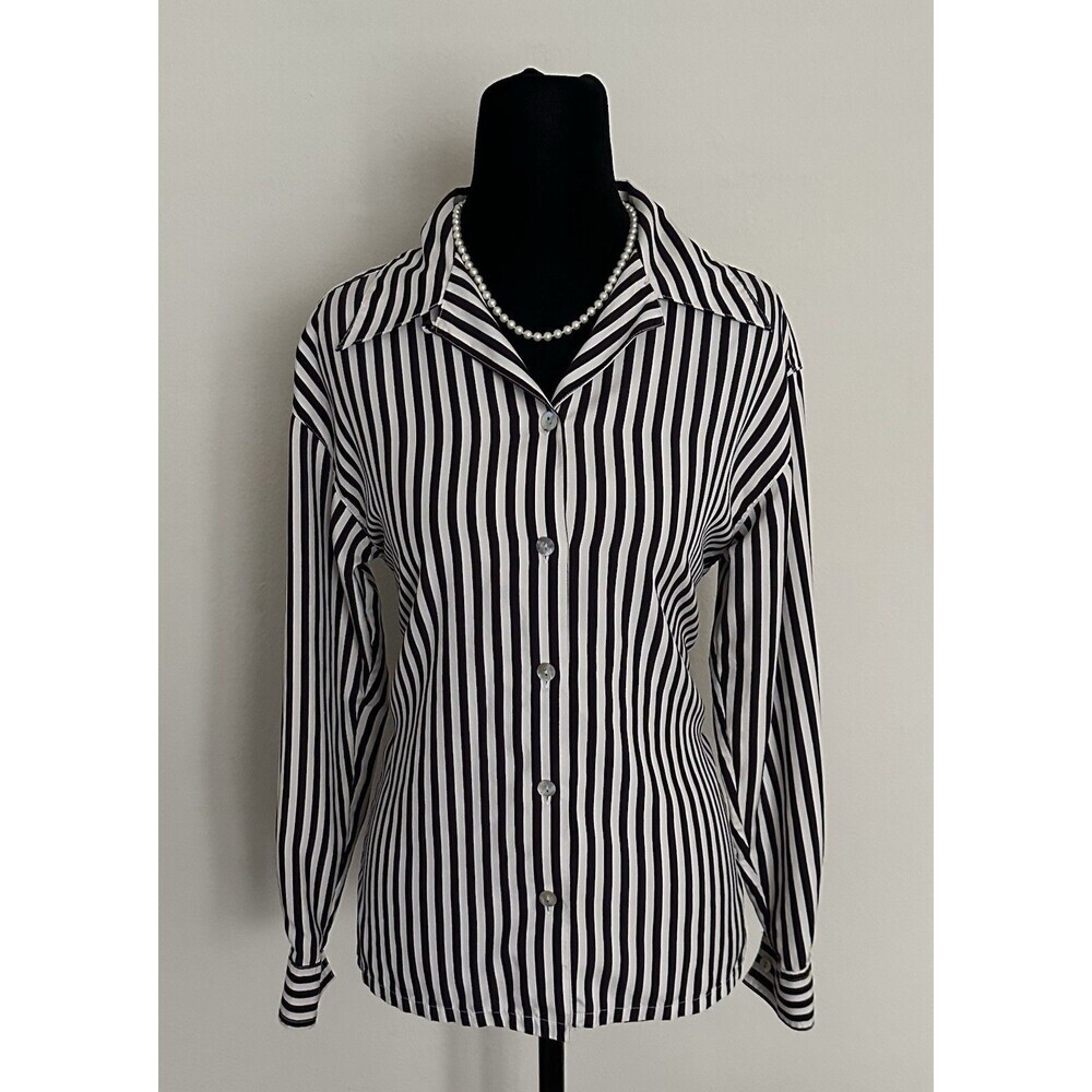 Vintage 100% Silk Casual Corner Womens Top Size XS Black White Stripe Button-Up - Picture 2 of 15